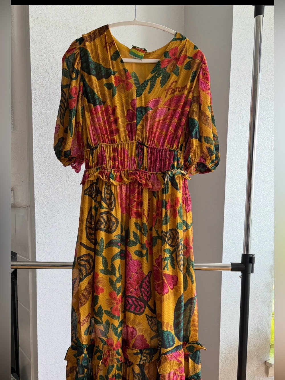 Anthropologie Farm Rio Printed V-Neck Ruffle-Hem Dress Size S MSRP $298
